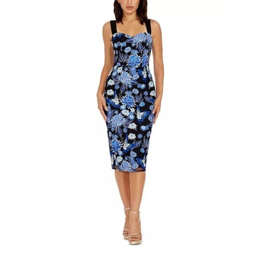 nwt dress the population Nicole Floral Print Dress Cobalt Blue Size XL